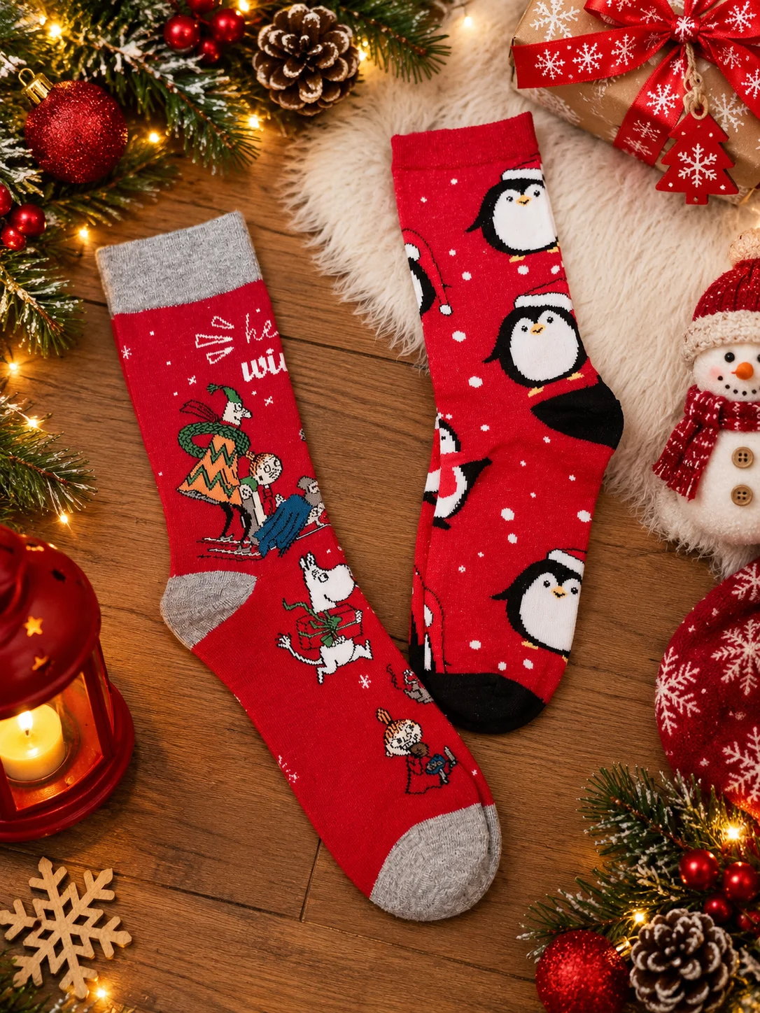 Set 2 perechi șosete de Crăciun pentru adulți, modele festive cu pinguini și personaje de iarnă