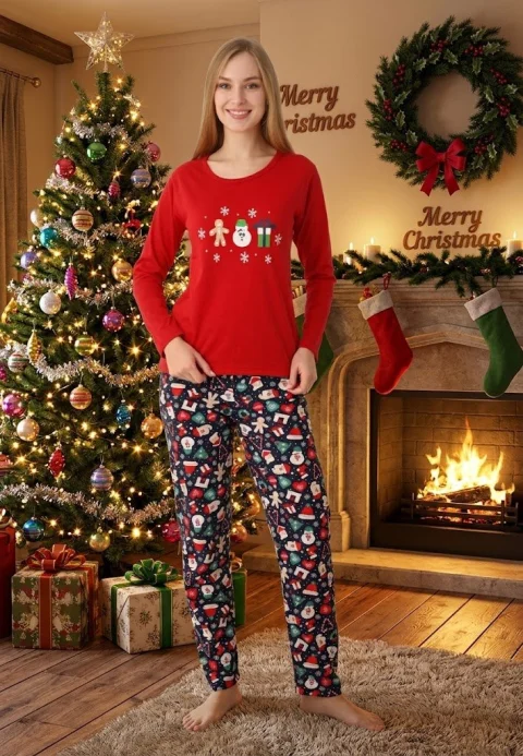 Pijama dama craciun roșu, model om de zăpadă, set cu mânecă lungă și pantaloni lungi