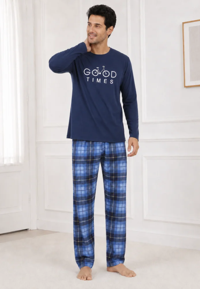 Pijama Bărbați cu Mânecă Lungă, Bluză cu Imprimeu Cărți de Joc și Pantalon în Carouri