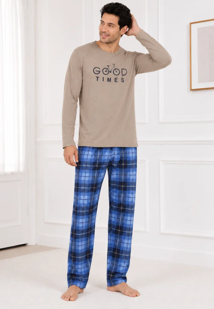 Pijama bărbați, Bluză bej cu mânecă lungă și imprimeu "Good Times", Pantalon lung în carouri albastru/bleumarin