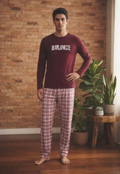 Pijama pentru bărbați, Bluză mânecă lungă cu imprimeu „Balance” și Pantalon lung în carouri