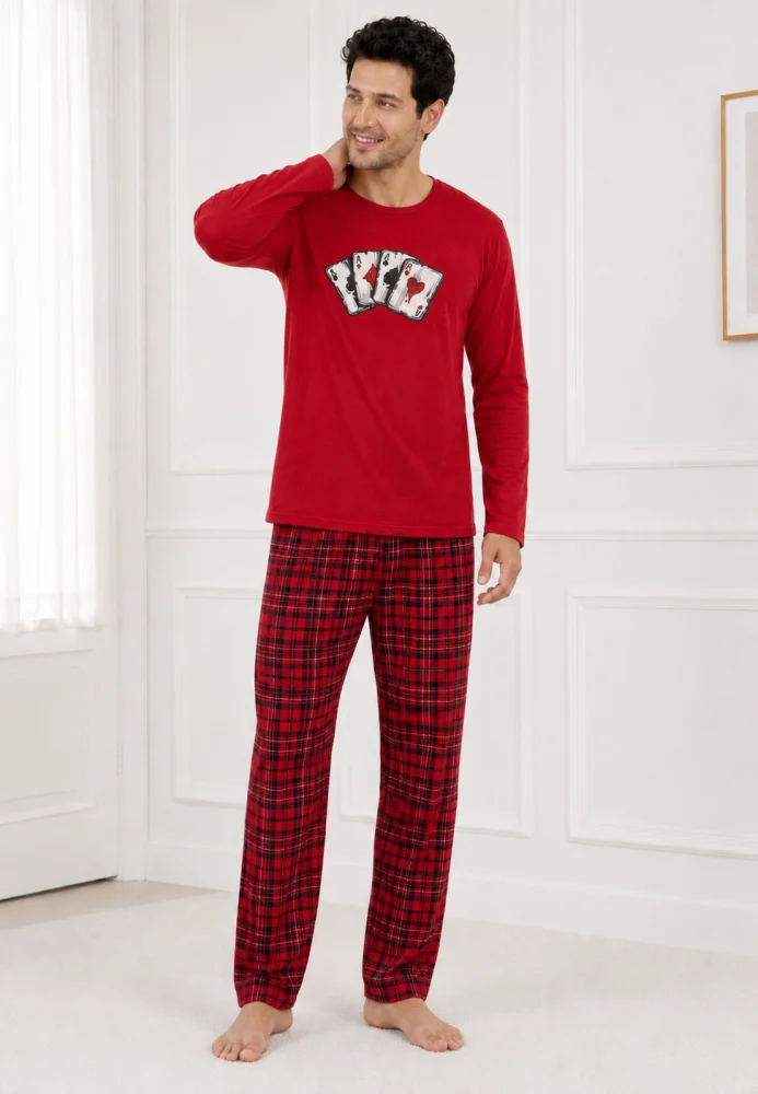 Pijama Bărbați cu Mânecă Lungă, Bluză Roșie cu Imprimeu Cărți de Joc și Pantalon în Carouri, Roșu / Negru