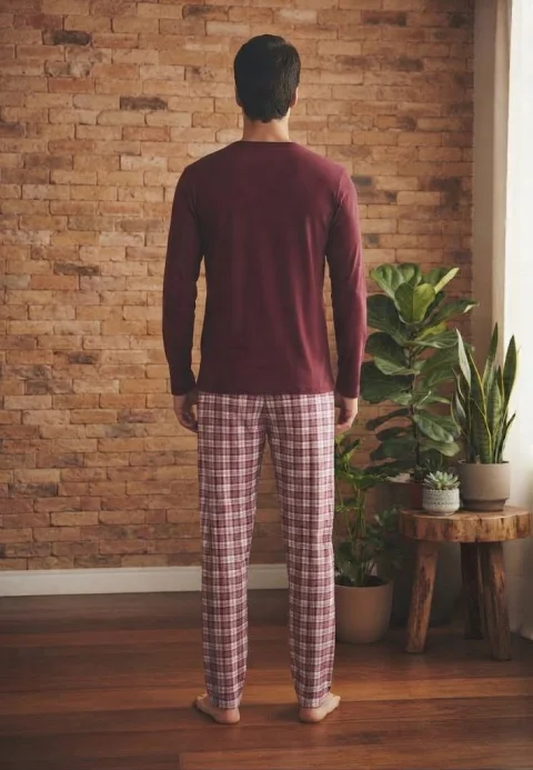 Pijama pentru bărbați, Bluză mânecă lungă cu imprimeu „Balance” și Pantalon lung în carouri — imagine 2