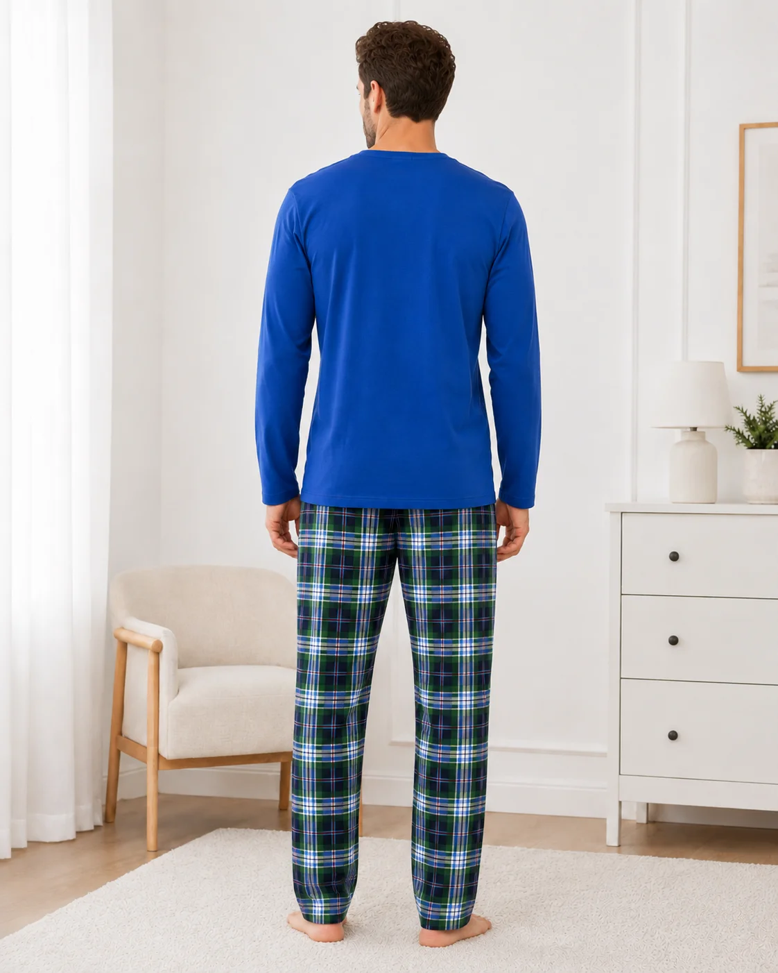 Pijama bărbați, Bluză cu gât în V și mânecă lungă, Pantalon lung în carouri,Albastru