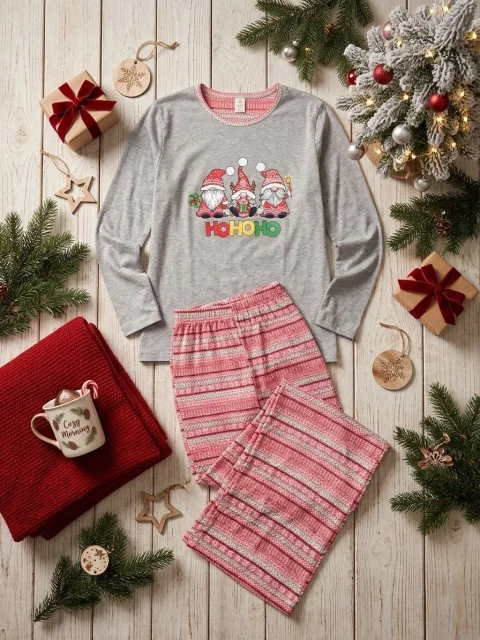 Pijama de Crăciun Damă – Bluză Gri Gri Spiriduși & Pantaloni Dungi Festive
