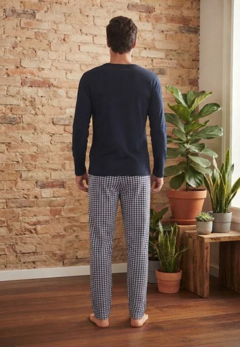Pijama pentru bărbați, Bluză mânecă lungă cu imprimeu „Positive Department” și Pantalon lung în carouri mici — imagine 2