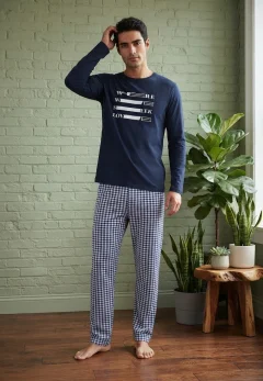 Pijama pentru bărbați, Bluză mânecă lungă cu imprimeu „WHERE WE SEEK LOVE” și Pantalon lung în carouri mici