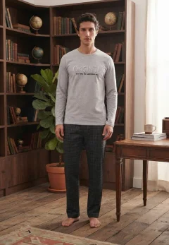 Pijama pentru bărbați, Bluză mânecă lungă cu imprimeu „Original” și Pantalon lung în carouri