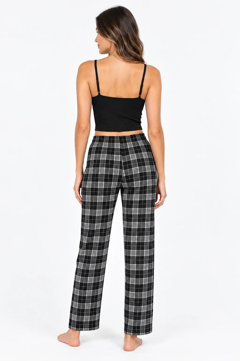 Pantaloni Pijama Damă, Imprimeu Carouri Negru și Alb, Croială Lejeră cu Șnur — imagine 2