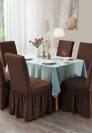 Set 6 Huse Creponate pentru Scaune cu Volănașe, Maro Elegant, Material Elastic