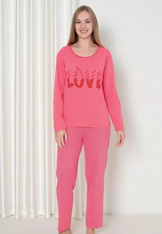 Pijama Eleganta Femei – Roz Love Print, Pantalon Lung