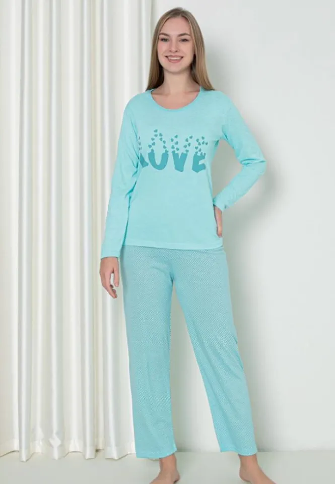 Pijama Eleganta Femei – Love Print Turcoaz cu Pantalon Lung