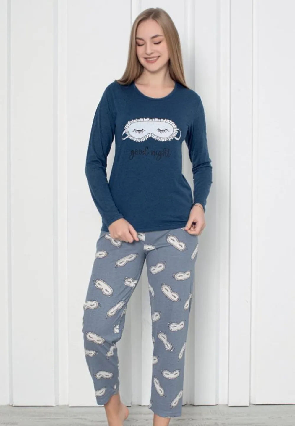 Pijama Eleganta pentru Femei – Good Night Bleumarin, Mâneca Lungă - 1