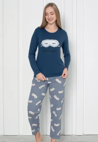 Pijama Eleganta pentru Femei – Good Night Bleumarin, Mâneca Lungă