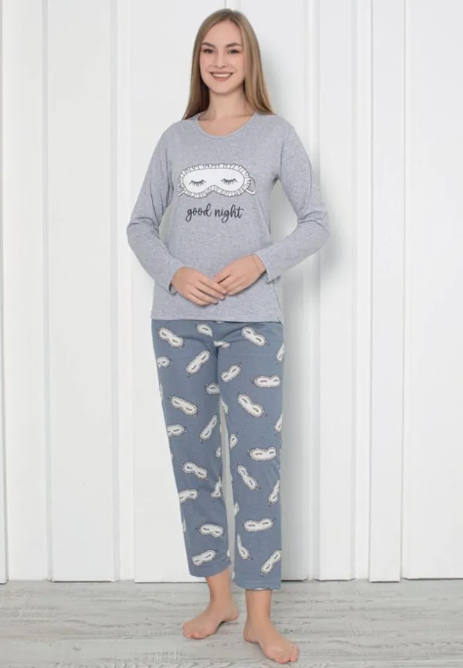 Pijama Eleganta pentru Femei – Good Night Gri, Mâneca Lungă