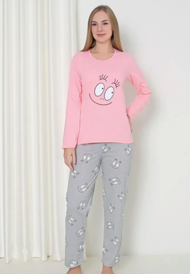 Pijama Damă Roz – Smile, Mâneca Lungă și Pantalon Lung