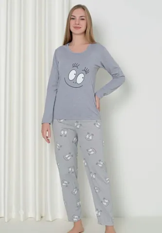 Pijama Damă Gri – Model Smile, Mâneca Lungă și Pantalon Lung