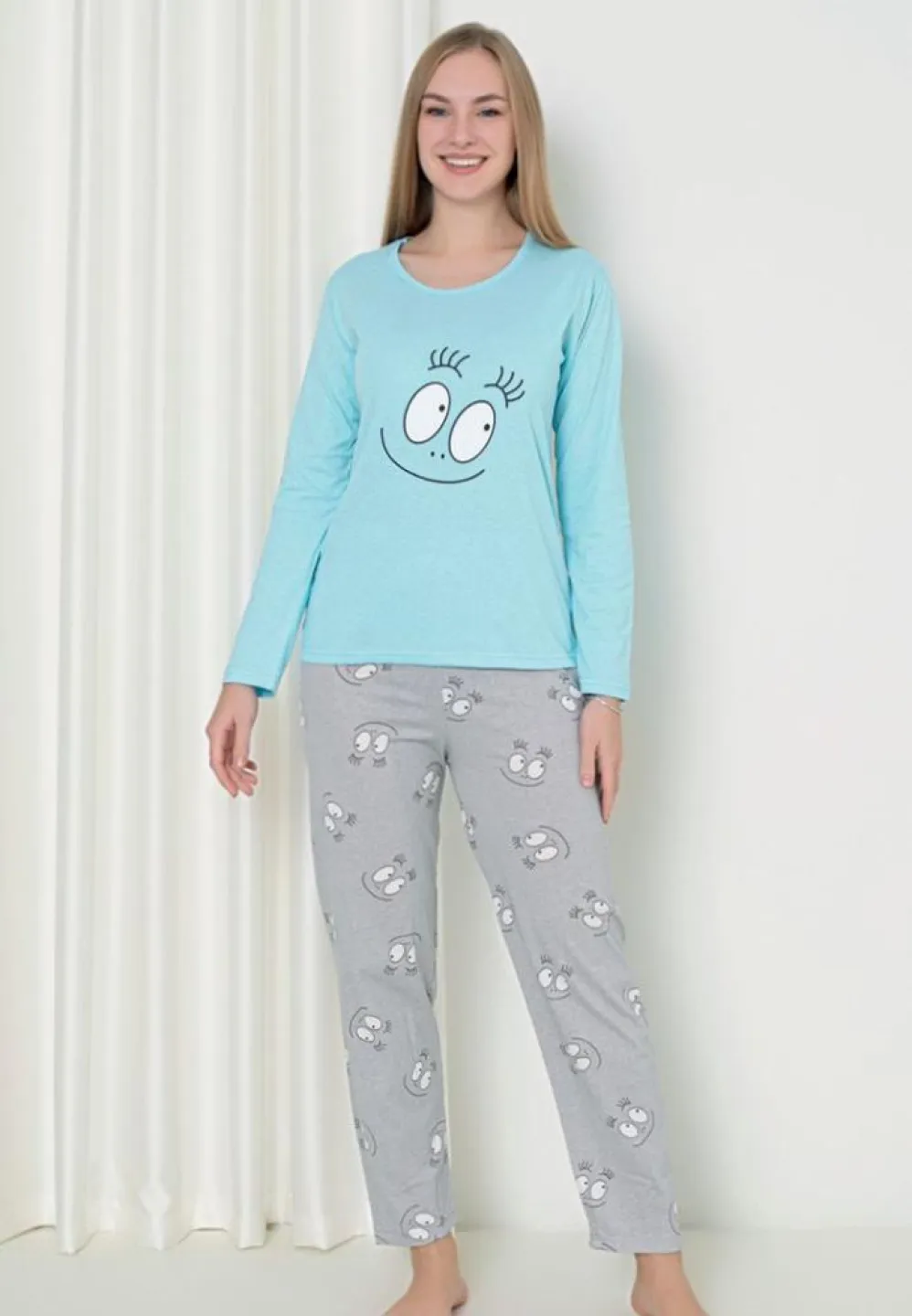 Pijama Damă Turcoaz – Model Smile, Mâneca Lungă și Pantalon Lung - 1