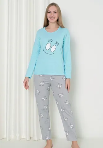 Pijama Damă Turcoaz – Model Smile, Mâneca Lungă și Pantalon Lung