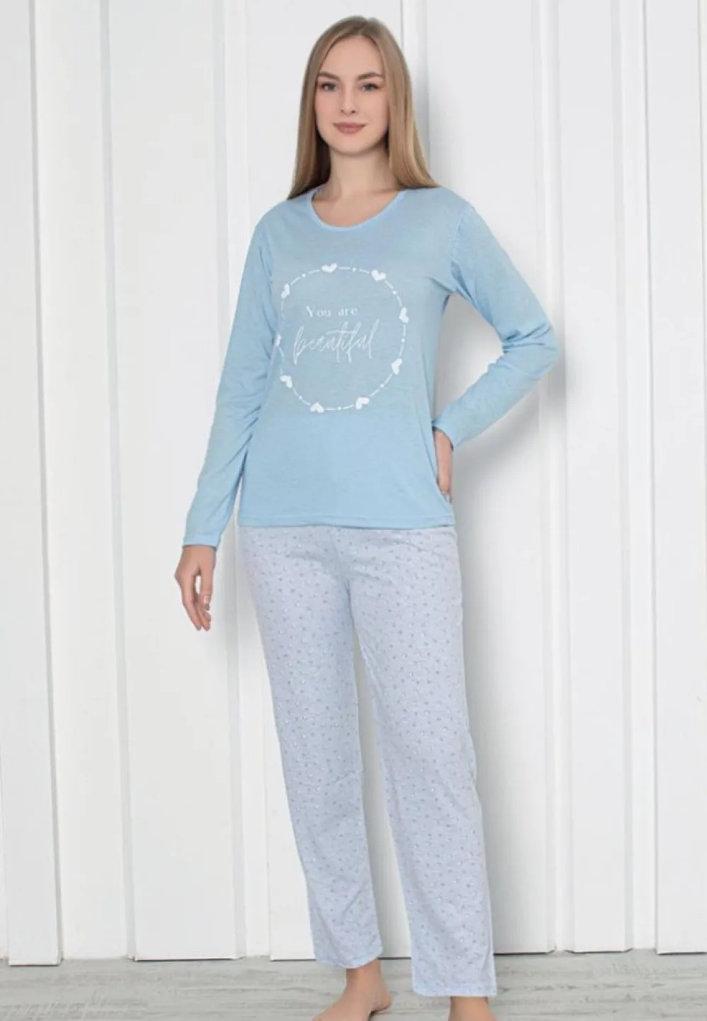 Pijama Damă Bleu – Model Beautiful, Mâneca Lungă și Pantalon Lung - 1