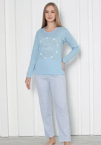 Pijama Damă Bleu – Model Beautiful, Mâneca Lungă și Pantalon Lung