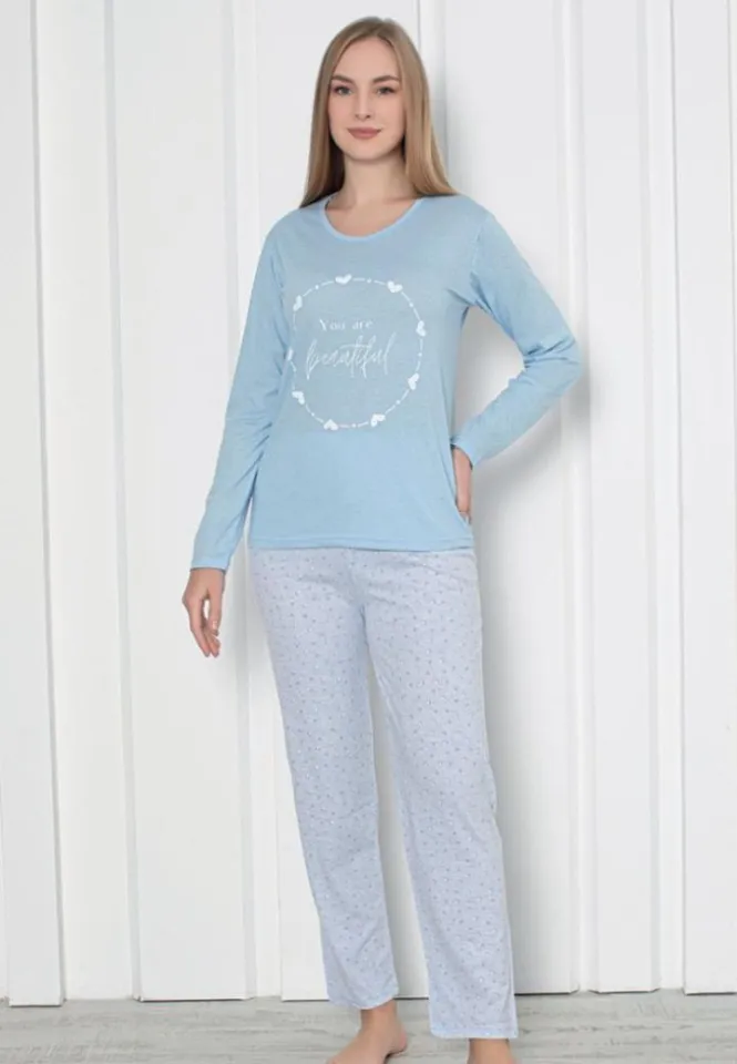 Pijama Damă Bleu – Model Beautiful, Mâneca Lungă și Pantalon Lung