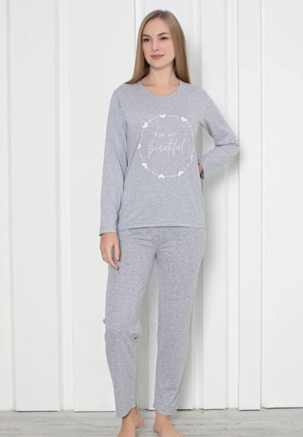 Pijama Damă Gri – Model Beautiful, Mâneca Lungă și Pantalon Lung - 1