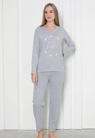 Pijama Damă Gri – Model Beautiful, Mâneca Lungă și Pantalon Lung