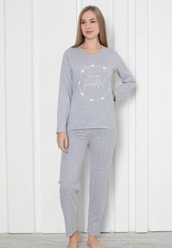 Pijama Damă Gri – Model Beautiful, Mâneca Lungă și Pantalon Lung