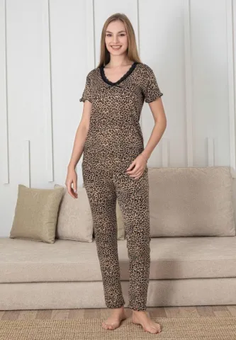 Pijama damă mânecă scurtă stilată – Bumbac leopard, pantaloni lungi cu dantelă neagră
