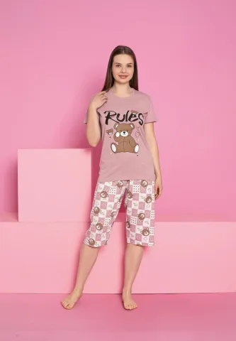 Pijama damă comodă din bumbac – imprimeu ursuleț, mânecă scurtă