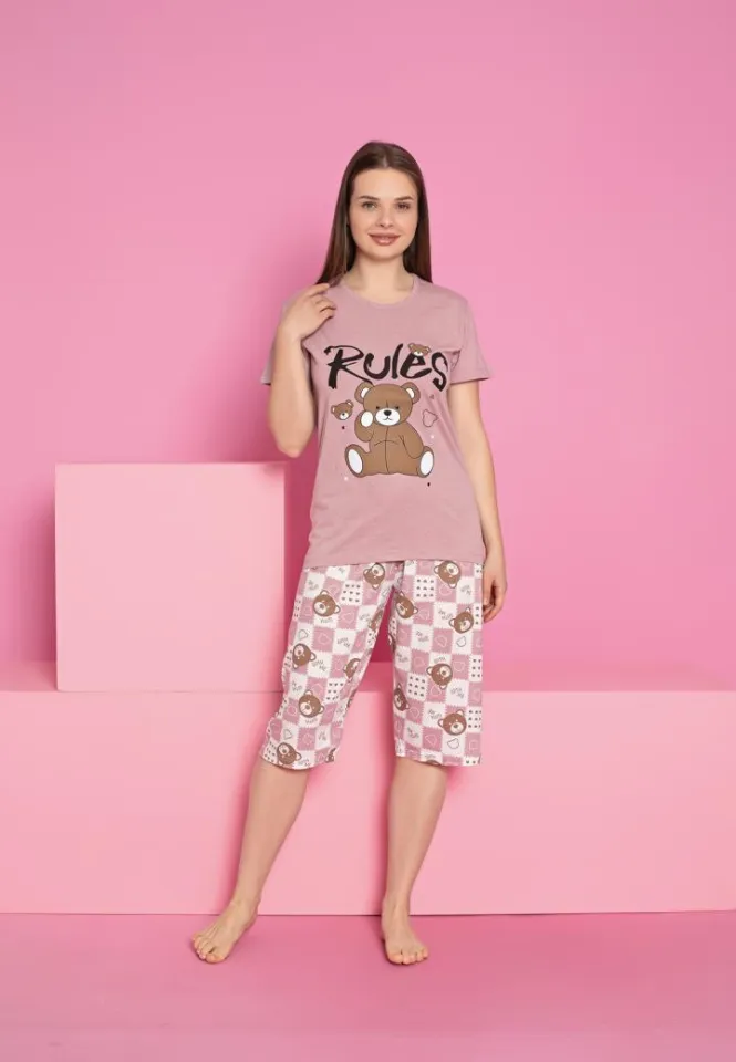 Pijama damă comodă din bumbac – imprimeu ursuleț, mânecă scurtă