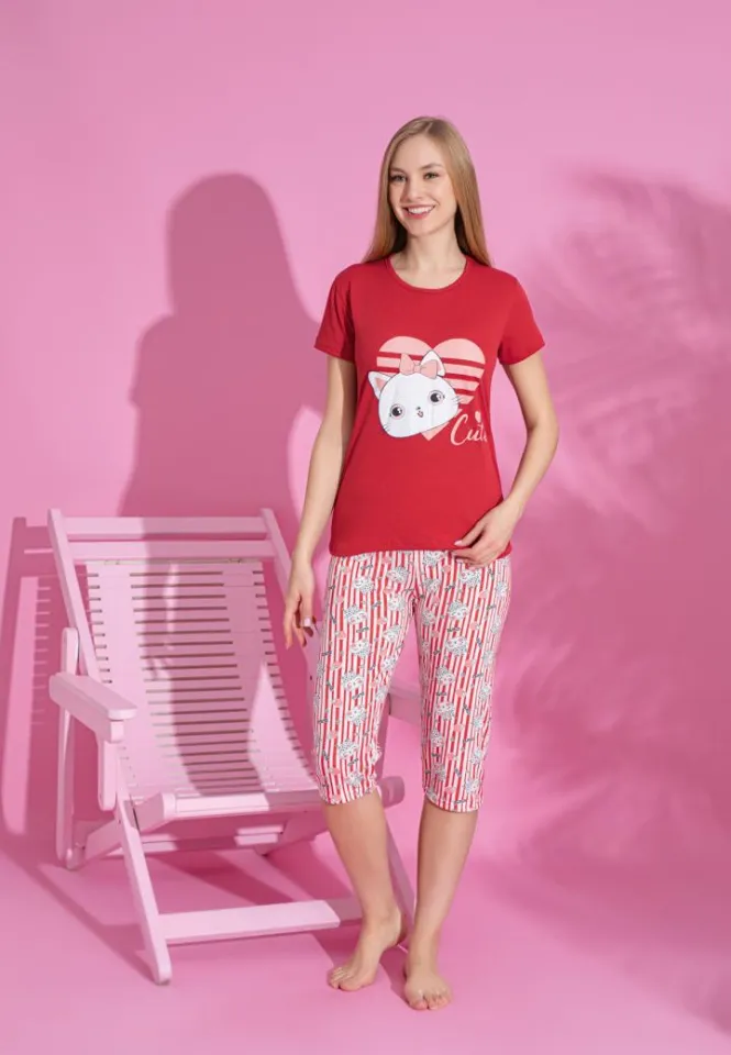 Pijama damă comodă bumbac – roșie, mânecă scurtă, pantalon 3/4 Cute