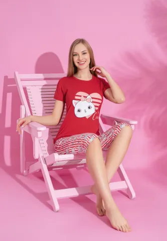 Pijama damă bumbac, mânecă scurtă, pantalon 3/4 roșu, Cute hover