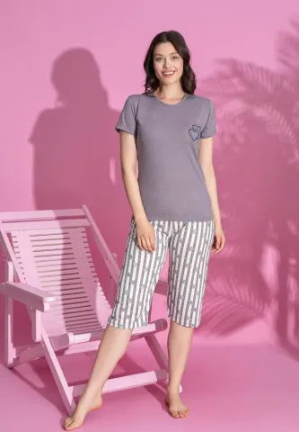 Pijama damă confort din bumbac – imprimeu inimioare, mânecă scurtă & pantalon 3/4