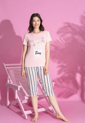 Pijama damă comodă bumbac – roz, imprimeu cu inimioare, pantaloni 3/4