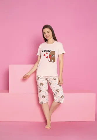 Pijama damă comodă din bumbac roz – model cu ursuleți și text „Love”, pantalon 3/4
