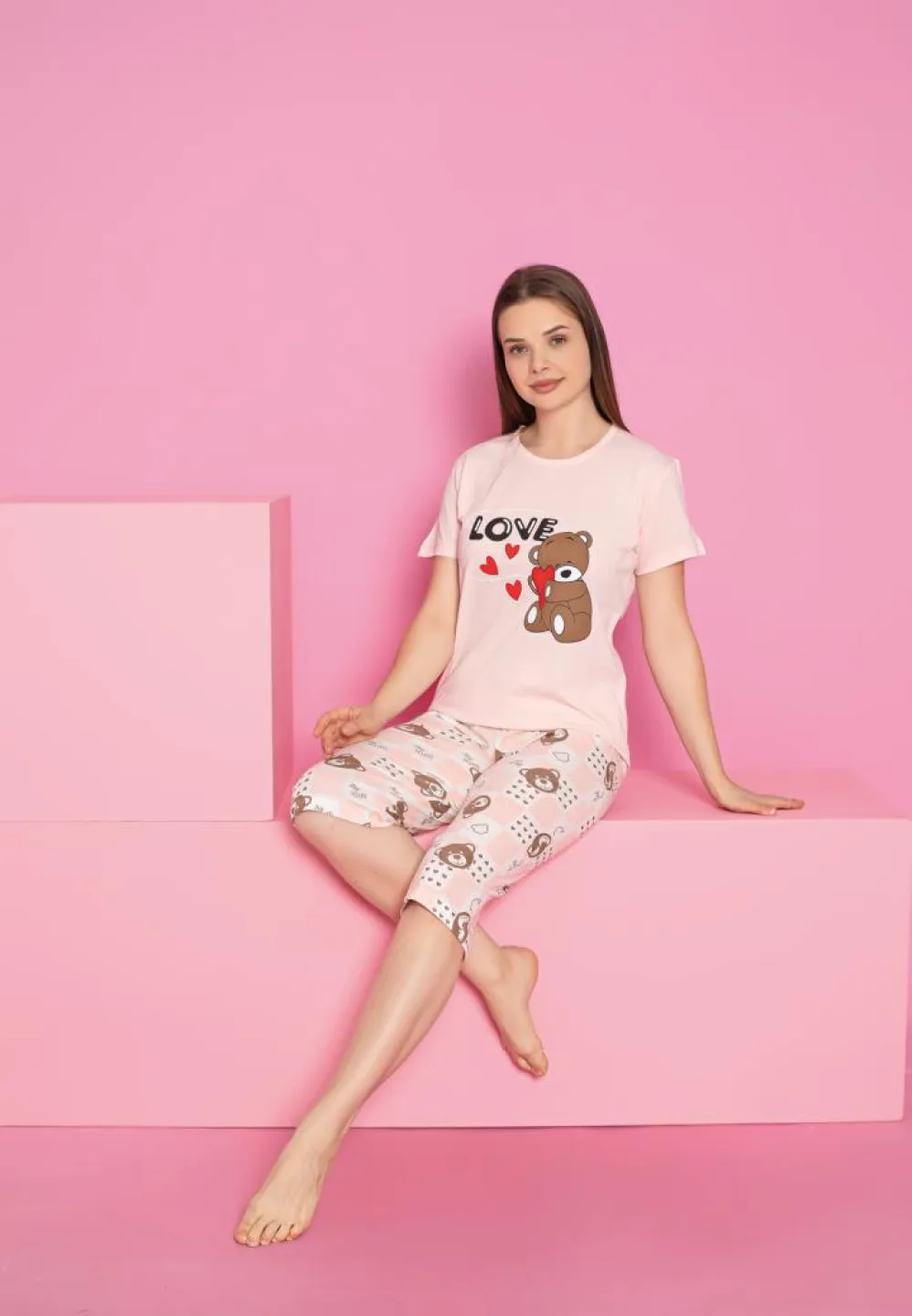 Pijama damă comodă din bumbac roz – model cu ursuleți și text „Love”, pantalon 3/4 - 2