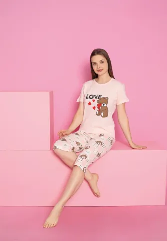 Pijama damă comodă din bumbac roz – model cu ursuleți și text „Love”, pantalon 3/4 hover