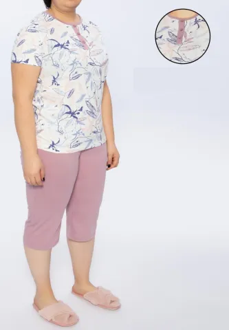 Pijama Dama Bumbac Mov – Mărimi Mari, Model Floral cu Nasturi