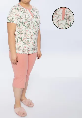 Pijama Dama Confort Bumbac – Roz, Mărimi Mari, Imprimeu Floral și Nasturi