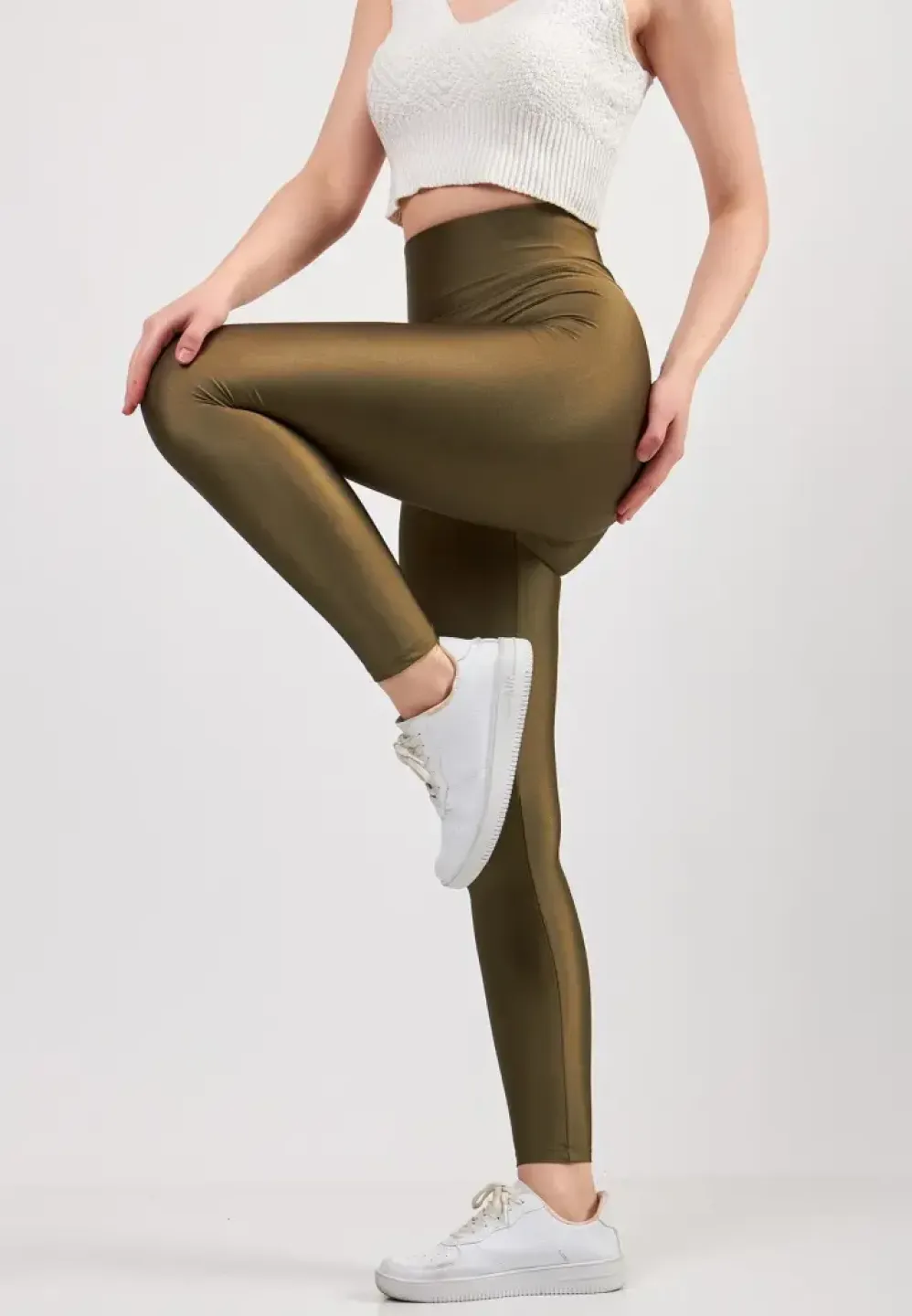 Colanți damă moderni lucioși kaki – material ușor și flexibil - 5
