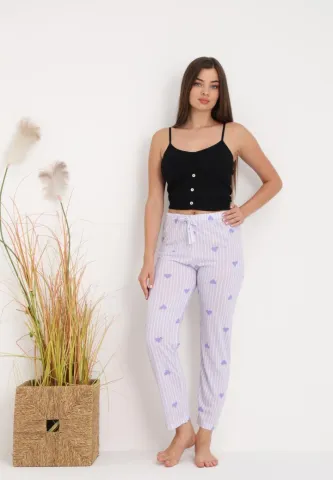 Pantaloni lungi de pijama damă imprimeu inimioare,mov