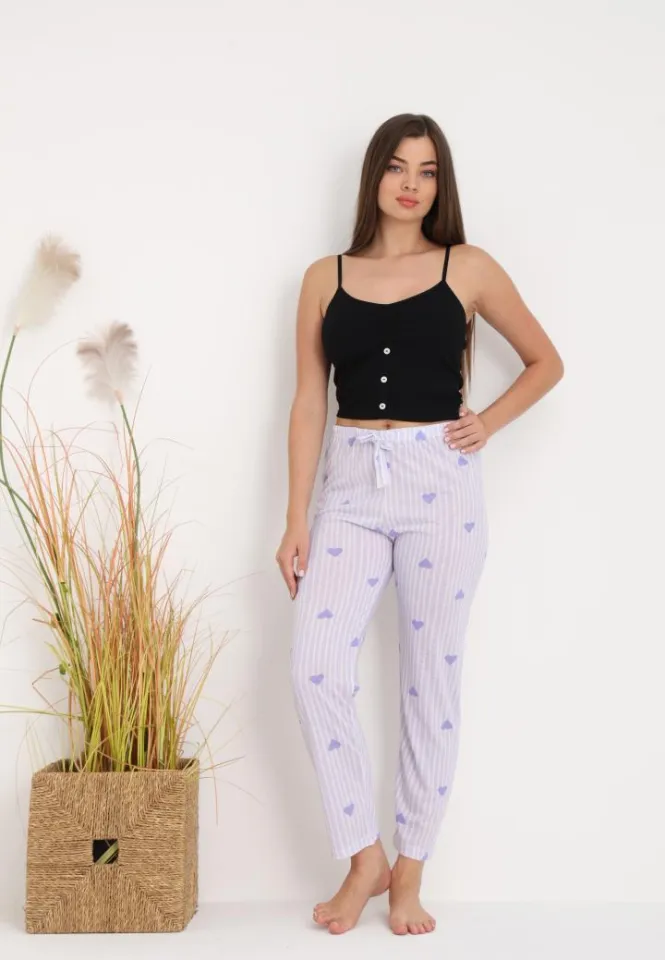 Pantaloni Damă pentru Pijamale cu Imprimeu Inimioare Mov – Stil Cozy și Feminin