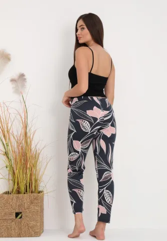 Pantaloni lungi de pijama damă imprimeu frunze,negru hover