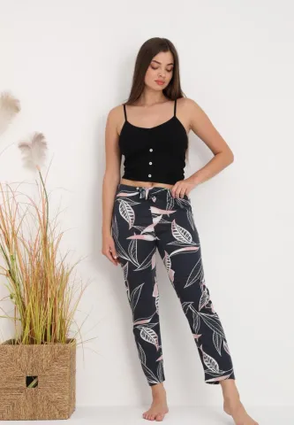 Pantaloni lungi de pijama damă imprimeu frunze,negru