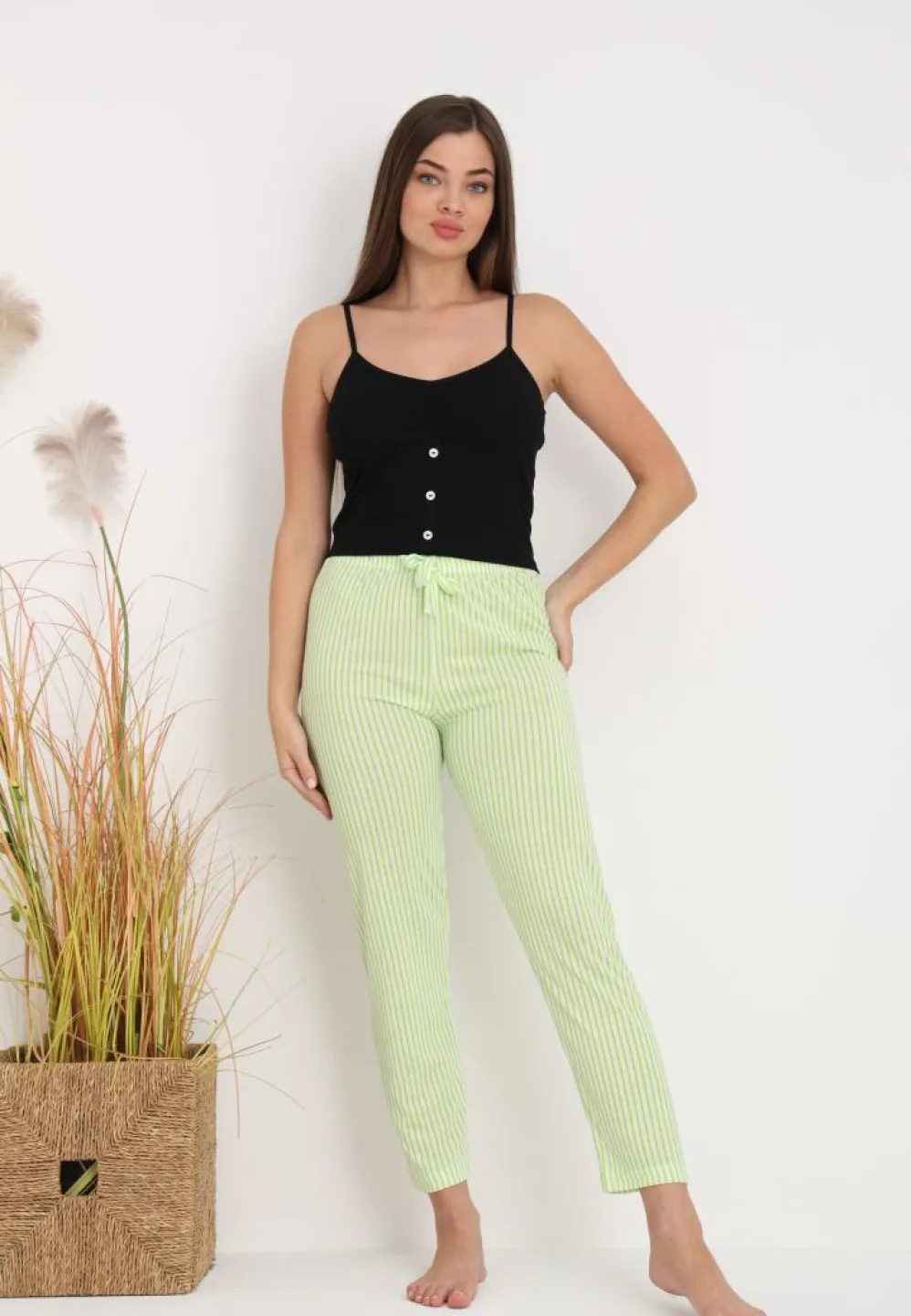 Pantaloni Damă pentru Pijamale cu Print Dungi Verde – Cozy și Feminin - 4