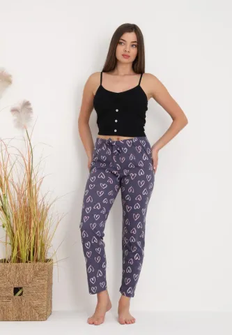 Pantaloni lungi de pijama damă imprimeu inimioare gri