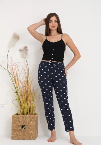 Pantaloni lungi de pijama damă imprimeu inimioare bluemarin
