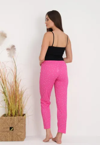 Pantaloni lungi de pijama damă imprimeu buline roz hover